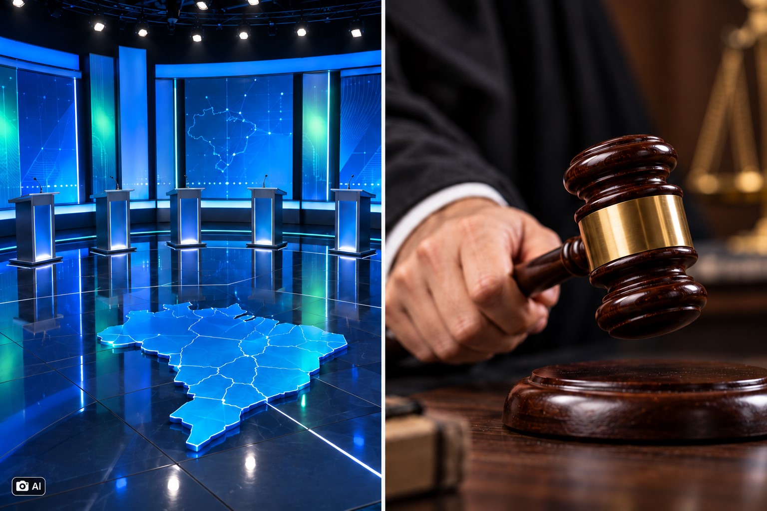 Composição em IA mostra estúdio de debate vazio e martelo judicial, em referência ao cancelamento do debate da Globo após decisões do TSE e STF.