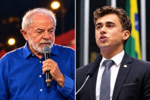 Imagem gerada por IA mostra Lula e Nikolas Ferreira em composição dividida para ilustrar decisão do TSE sobre retirada de vídeo.