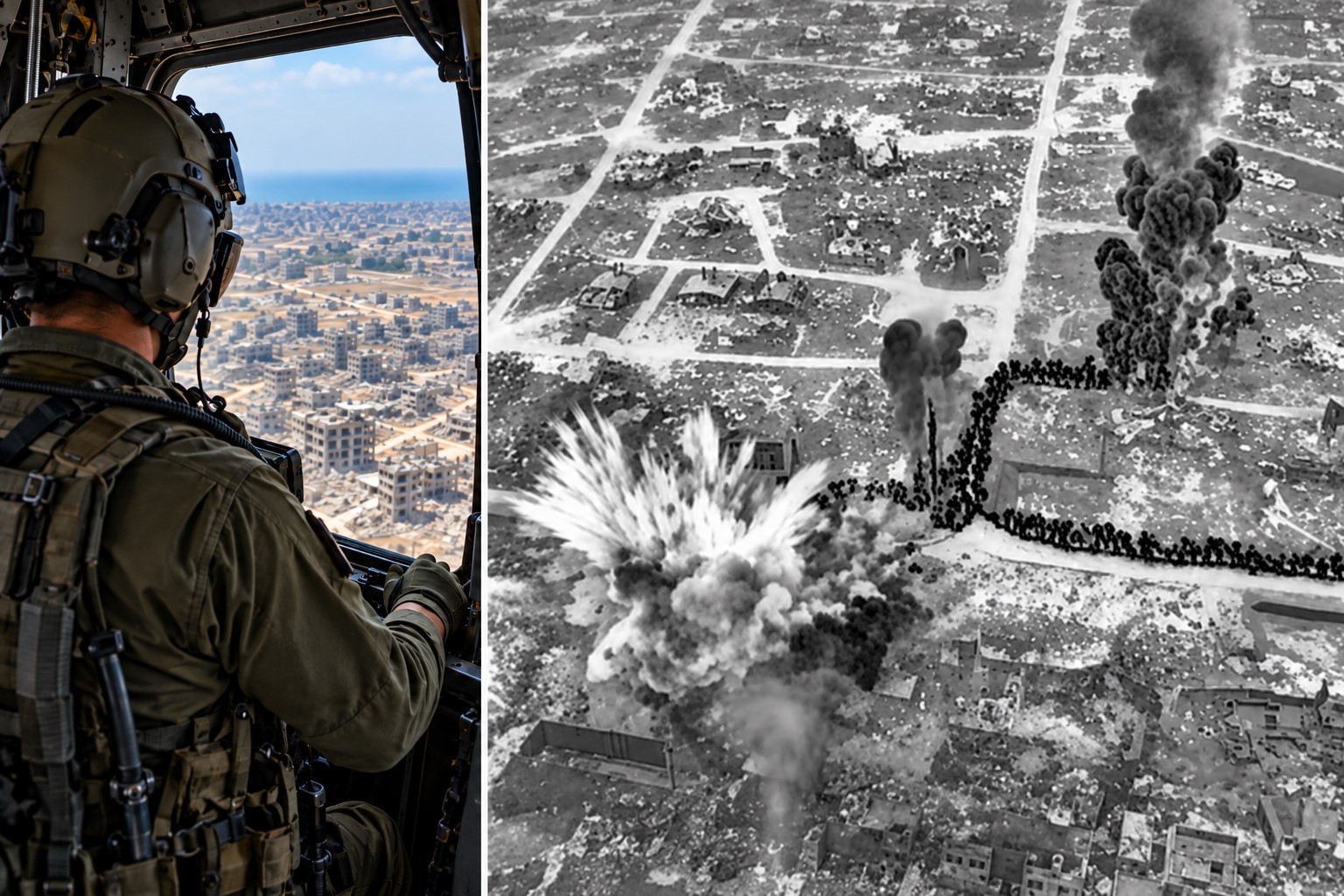 Imagem em composição mista mostra piloto militar em aeronave, gerado por IA, ao lado de registro aéreo em preto e branco de operação em Gaza