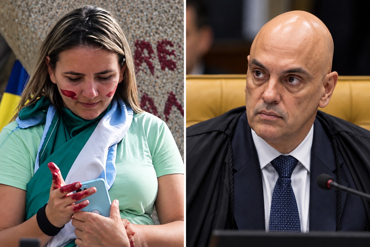 Montagem fotográfica mista mostra Débora do Batom à esquerda e Alexandre de Moraes à direita em contexto de notícia sobre decisão judicial.