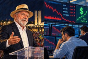 Montagem gerada por inteligência artificial mostra representação de Lula diante de um púlpito e operadores analisando indicadores financeiros, com gráficos de queda da Bolsa e alta do dólar. Imagem ilustrativa, sem correspondência com registro real.