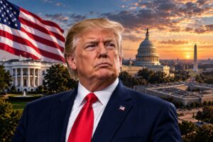Montagem gerada por IA mostra Donald Trump com a bandeira dos Estados Unidos, a Casa Branca, o Capitólio e o Pentágono ao fundo.