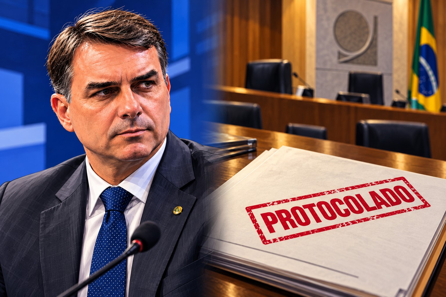 Montagem editorial gerada por IA apresenta representação de Flávio Bolsonaro à esquerda e documentos com carimbo de protocolado à direita, em ambiente alusivo ao TSE.