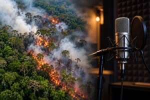 Imagem gerada por IA mostra trecho da Floresta Amazônica atingido por incêndio e fumaça, ao lado de um microfone vazio em estúdio de gravação.