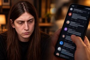 Montagem fotográfica ultra-realista gerada por IA mostra o influenciador Felca à esquerda e, à direita, uma mão mexendo em um celular com posts desfocados.