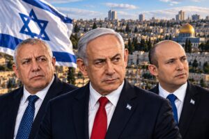 Montagem gerada por IA representa Gadi Eisenkot, Benjamin Netanyahu e Naftali Bennett, com a bandeira de Israel e uma vista de Jerusalém ao fundo.