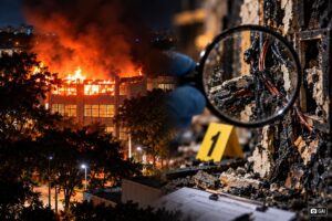 Montagem ultrarrealista gerada por IA, com incêndio em edifício universitário à esquerda e elementos simbólicos de investigação pericial à direita, sem representar registros reais.