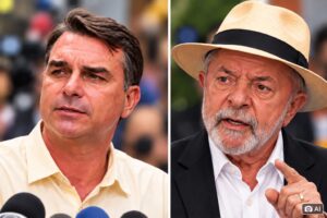 Composição gerada por IA mostra Flávio Bolsonaro e Lula em montagem dividida, em contexto de notícia sobre decisão do TSE envolvendo propaganda eleitoral.