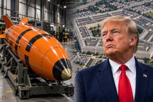 Representação gerada por IA da bomba MOAB, conhecida como Mãe de Todas as Bombas, ao lado de Donald Trump, com o Pentágono ao fundo.