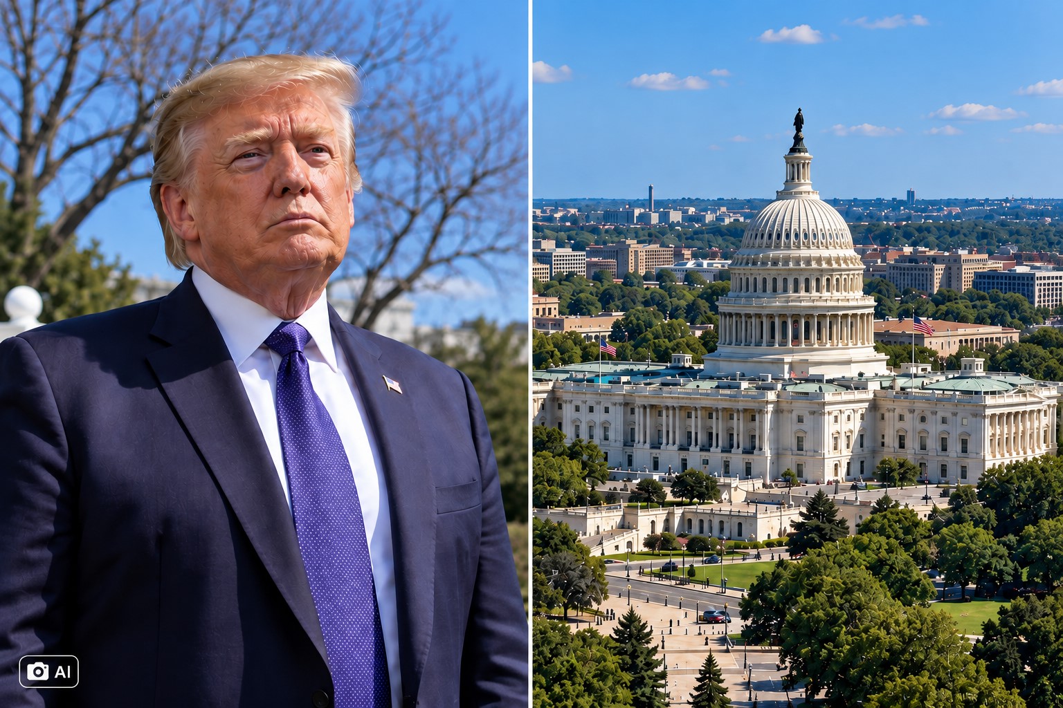 Montagem fotográfica gerada por IA mostra Donald Trump à esquerda e o Capitólio dos Estados Unidos à direita, em imagem ilustrativa usada para contextualizar notícia sobre bastidores em Washington e o segundo turno no Brasil.