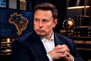 Imagem gerada por inteligência artificial representando Elon Musk em um escritório, com monitor exibindo o mapa do Brasil e elementos tecnológicos alusivos ao país.