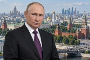 Imagem ilustrativa gerada por IA representa Vladimir Putin, vestindo terno preto e gravata violeta, diante de uma vista diurna do centro de Moscou, com o Kremlin ao fundo.