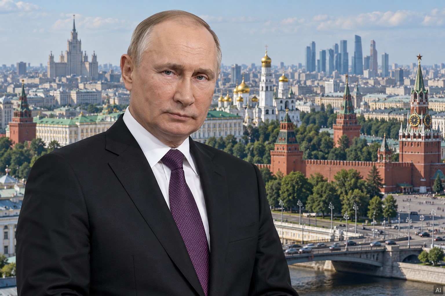 Imagem ilustrativa gerada por IA representa Vladimir Putin, vestindo terno preto e gravata violeta, diante de uma vista diurna do centro de Moscou, com o Kremlin ao fundo.