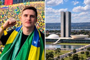 Lucas Pavanato à esquerda, em fotografia de reprodução, e representação da Câmara dos Deputados em Brasília à direita, gerada por IA, em composição mista sobre a maioridade penal aos 14 anos.